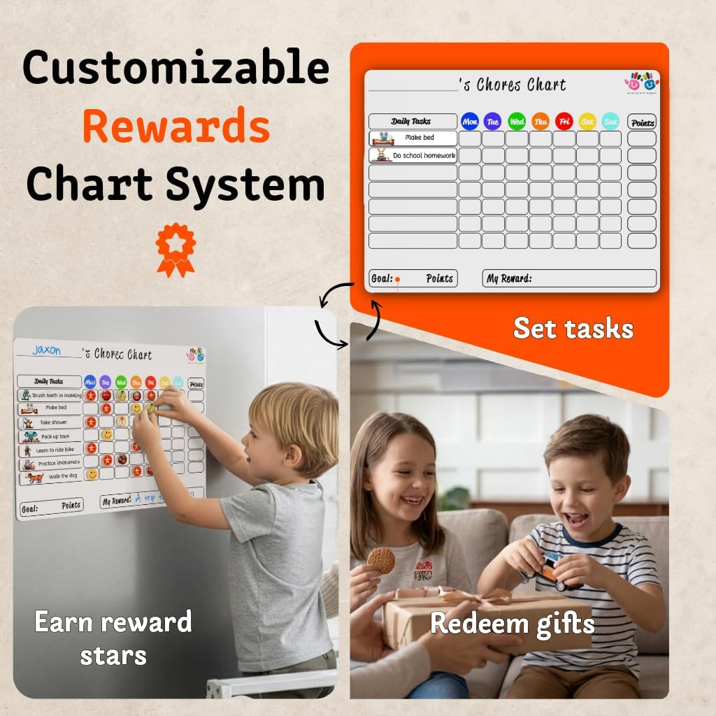 Mimi Doodle Magnetic Chore Chart for Kids – 16x12 Dry Erase Daily Responsibility Board for Fridge with 39 Chore tabs, 100 Reward Stickers – Behavior Chart for Kids at Home – Simple Theme
