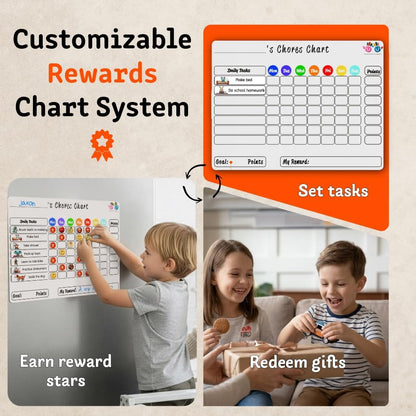 Mimi Doodle Magnetic Chore Chart for Kids – 16x12 Dry Erase Daily Responsibility Board for Fridge with 39 Chore tabs, 100 Reward Stickers – Behavior Chart for Kids at Home – Simple Theme