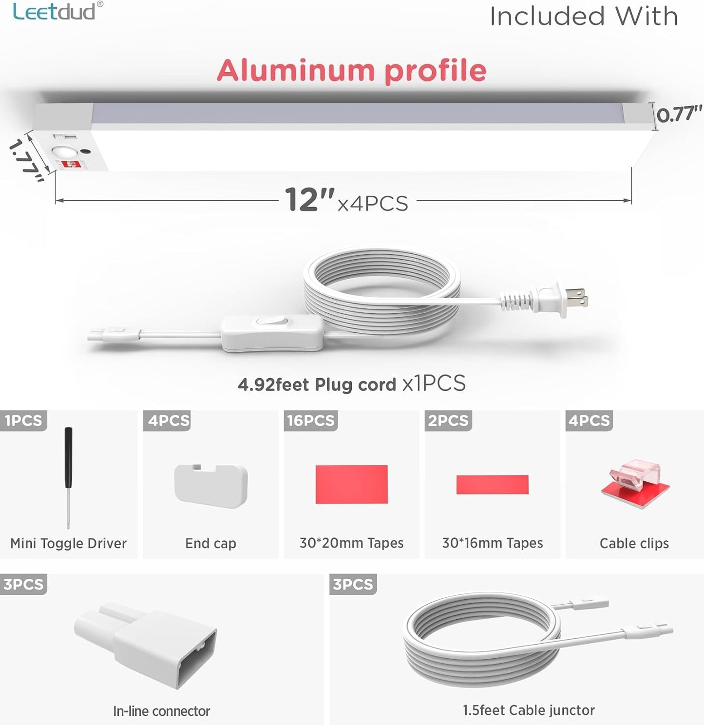 Leetdud Under Cabinet Lighting Plug in 16 Inch, 120V Motion Sensor Lights Indoor, 3CCT 3000/4000/5000K, Aluminum Linkable Super Bright LED Counter Light with Timer for Kitchen, Closet, White, 1 Pack