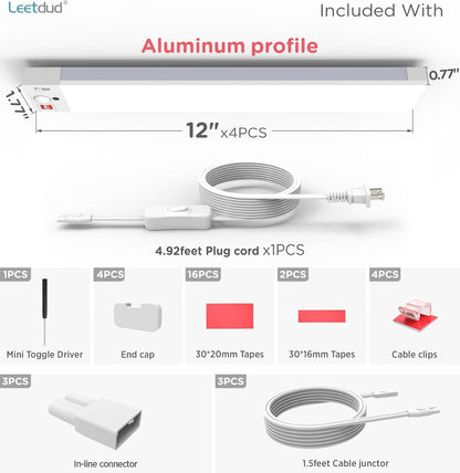 Leetdud Under Cabinet Lighting Plug in 16 Inch, 120V Motion Sensor Lights Indoor, 3CCT 3000/4000/5000K, Aluminum Linkable Super Bright LED Counter Light with Timer for Kitchen, Closet, White, 1 Pack