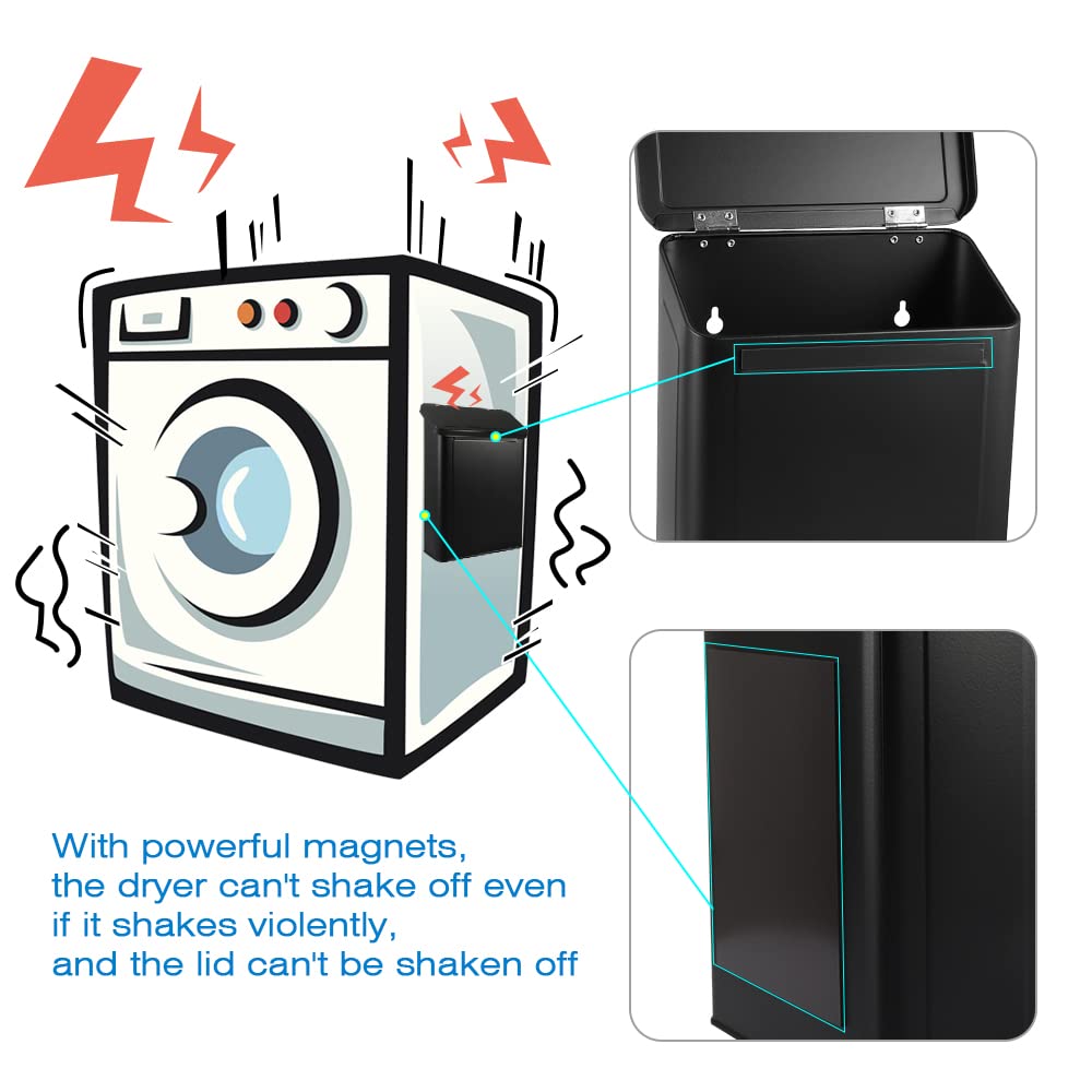 Picowe Magnetic Laundry Storage, Large Metal Lint Holder Bin with Lid for Laundry Room, Space-Saving Trash Container Hanging on Dryer, Washer or Wall Mount Trash Bin (White)