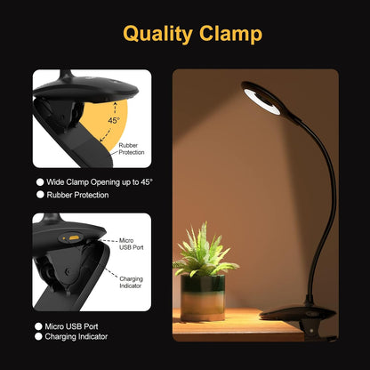 KLEAH Clip on Light for Bed & Desk, Reading in Bed, Dorm, Battery Operated Rechargeable Clamp Lamp for Headboard, Eye-Caring LED Light with 3 Brightness Modes & Flexible Gooseneck (Black)