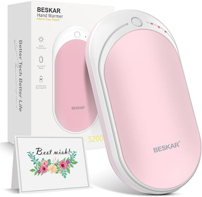 BESKAR Rechargeable Hand Warmer, 5200mAh Electric Hand Heater | Double Sided Heating, USB Quick Charge, Portable Pocket Hand Warmer for Outdoor, Golf, Raynauds