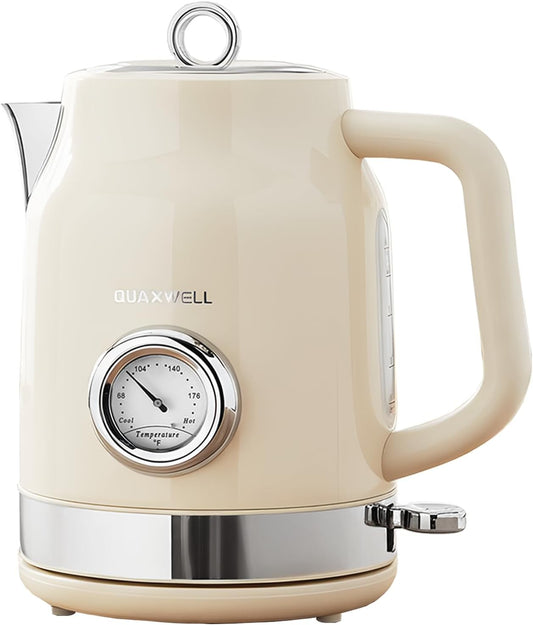 Retro Electric Tea Kettle, 1.7L, Matte White and Gold | 304 Stainless Steel, 1500W Fast Boiling, Auto Shut-Off, Boil-Dry Protection, BPA-Free, Thermometer, Retro Kitchen Appliances