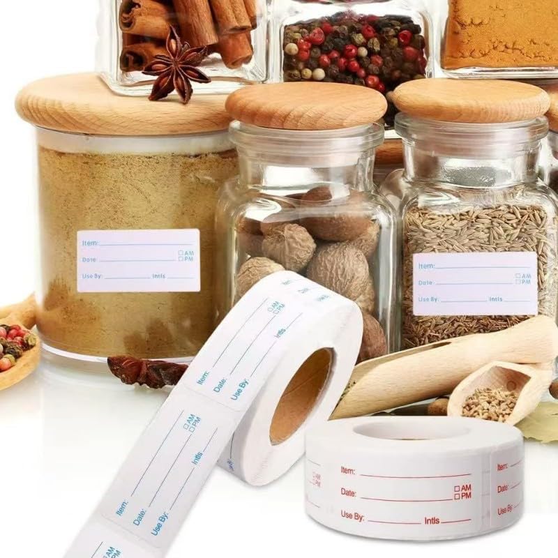 1000PCS Food Storage Labels, 2 Rolls Removable Freezer Labels, Waterproof Oil Resistant Food Date Stickers, Meal Prep Labels for Containers, Refrigerator, Kitchen Organization (Red + Blue)