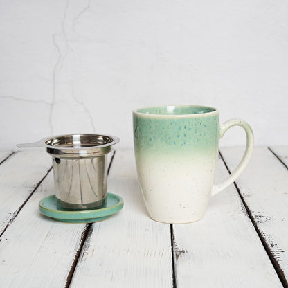 Bosmarlin Ceramic Tea Cup with Infuser and Lid, 13.5 Oz, Loose Leaf Tea Steeper Mug with Strainer, Microwave and Dishwasher Safe, Reactive Glaze (13.5 Oz, Pale Green)