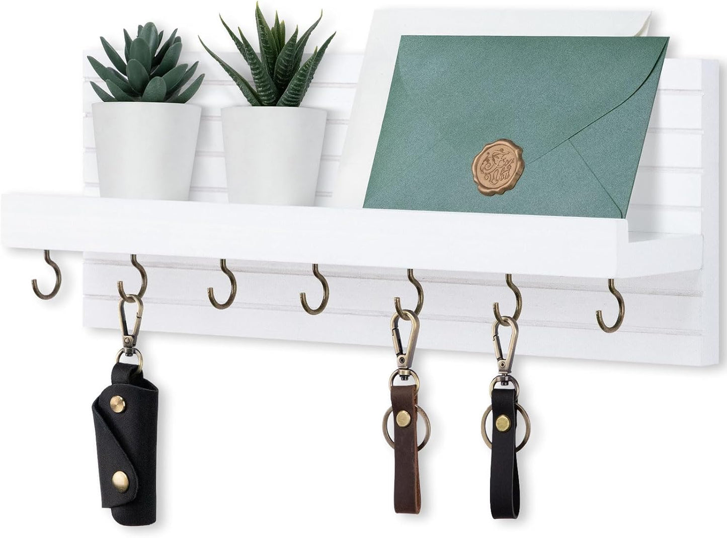 Lwenki Decorative Key Holder for Wall with Shelf, Entryway Shelf with Hooks Holds Leashes, Jackets and Glasses – Sturdy Wood Keyholder Entrance Hanger with Mounting Hardware (Black, Medium)