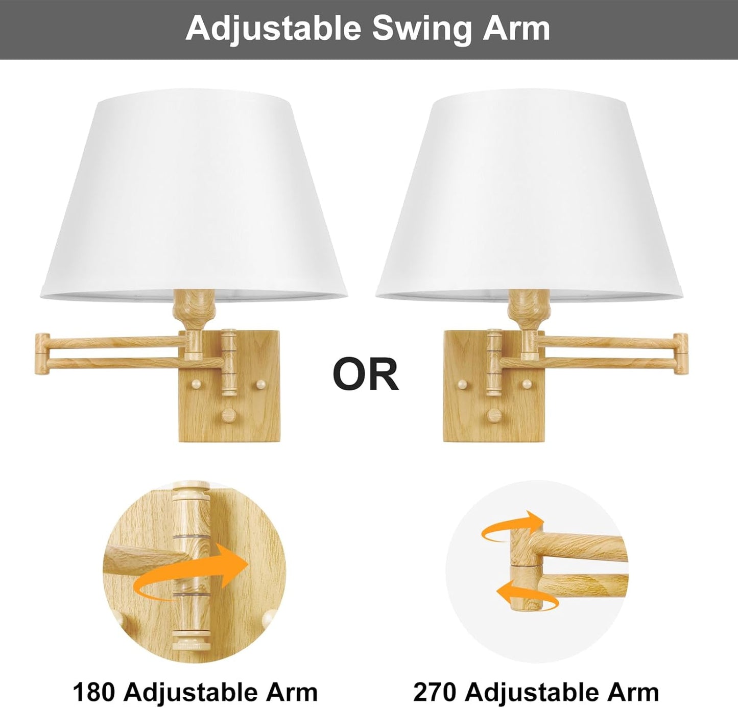 TRLIFE Wall Sconce Plug in, Dimmable Wall Sconces Set of Two Swing Arm Wall Lights with Plug in Cord and On/Off Dimmer Rotary Switch, 9.4" Medium Beige Fabric Shade(2 Pack, 2 Bulbs)