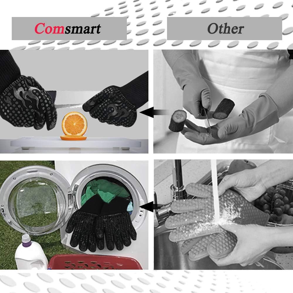 Comsmart BBQ Gloves, 1472 Degree F Heat Resistant Grilling Gloves Silicone Non-Slip Oven Gloves Long Kitchen Gloves for Barbecue, Cooking, Baking, Cutting