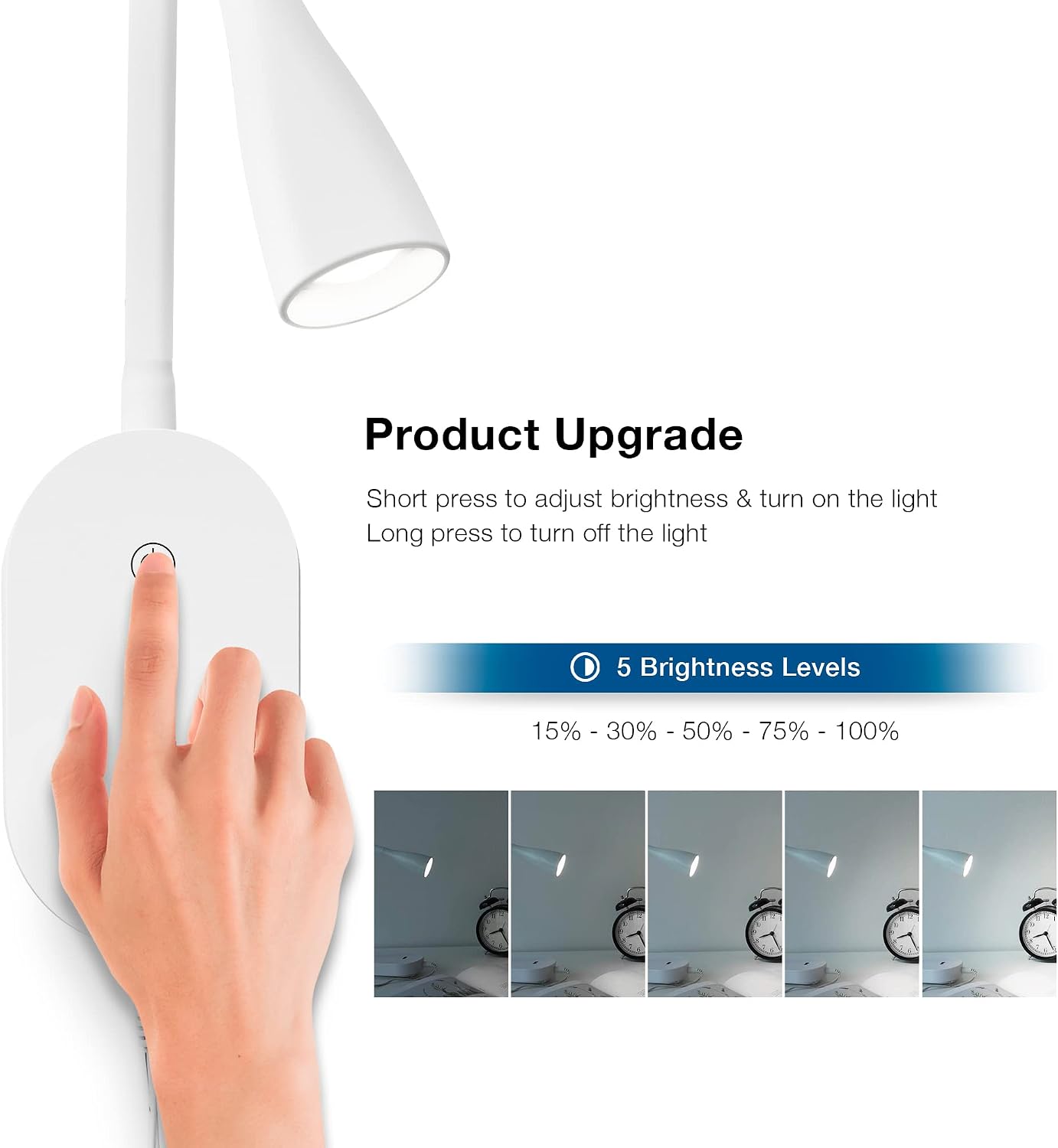 Wall Mount Reading Light, Focused Book Light for Reading in Bed, 5 Dimming, USB Output, 4 Hours Auto Off, Touch Control, Flexible Gooseneck Headboard Reading Lamp, Easy to Install White | Focused bedside light with touch dimming, flexible gooseneck, USB