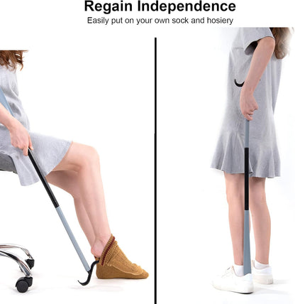 35" Long Dressing Stick with Shoe Horn with Sock Removal Tool, Adjustable Extended Dressing Aids for Shoes, Socks, Shirts and Pants