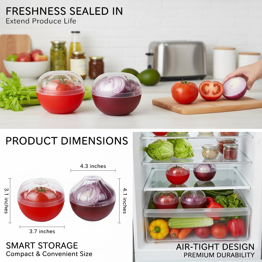 Onion and Tomato Keepers (2-Pack) - Reusable Fruit & Vegetable Storage Containers with Lids, Stackable Fridge Organizers for Kitchen Pantry, Camping Travel Food Saver