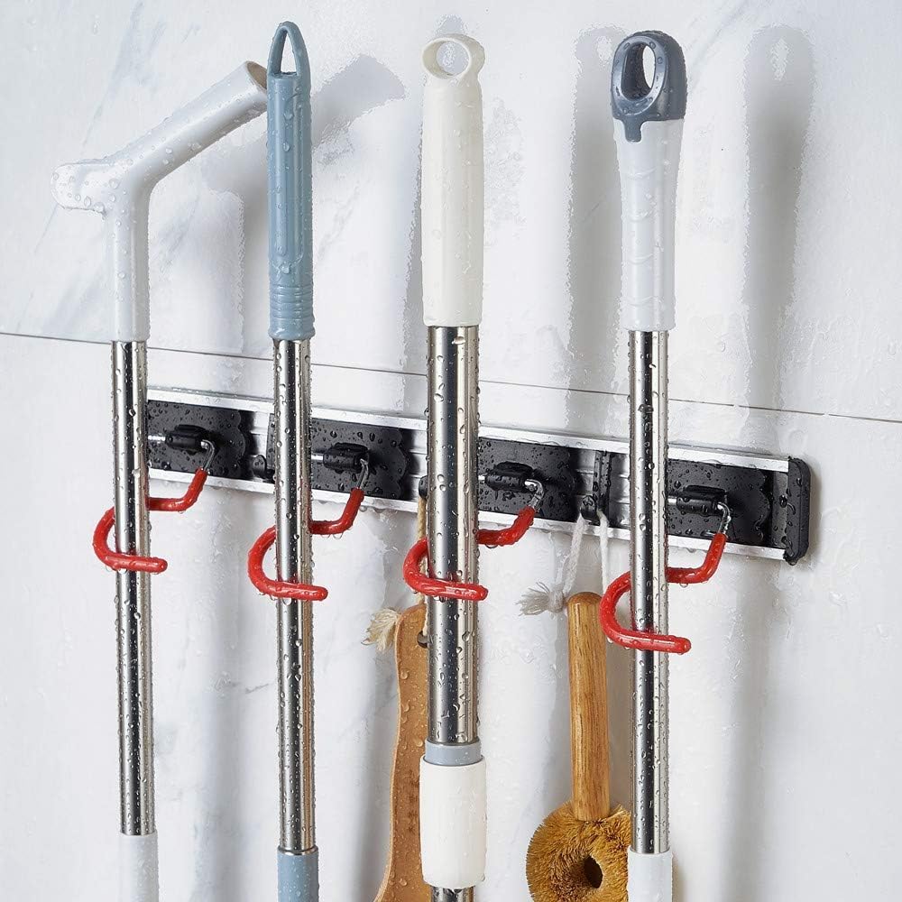 Wall Mounted Mop and Broom Holder Stainless Steel S Type Broom Rack Anti-Slip Mop Organizer (17 Inches,4 Positions 3 Hooks, Red black) (17inch)