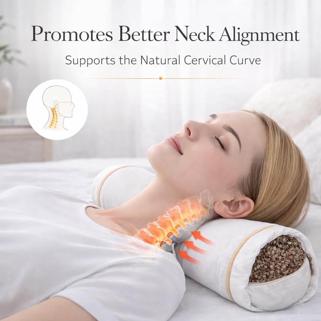 Buckwheat Pillow for Neck Pain, Organic Buckwheat Hull Neck Roll, Adjustable Cervical Support Bolster for Sleeping, 100% Cotton Cover, Breathable & Cooling (Standard Size, White)