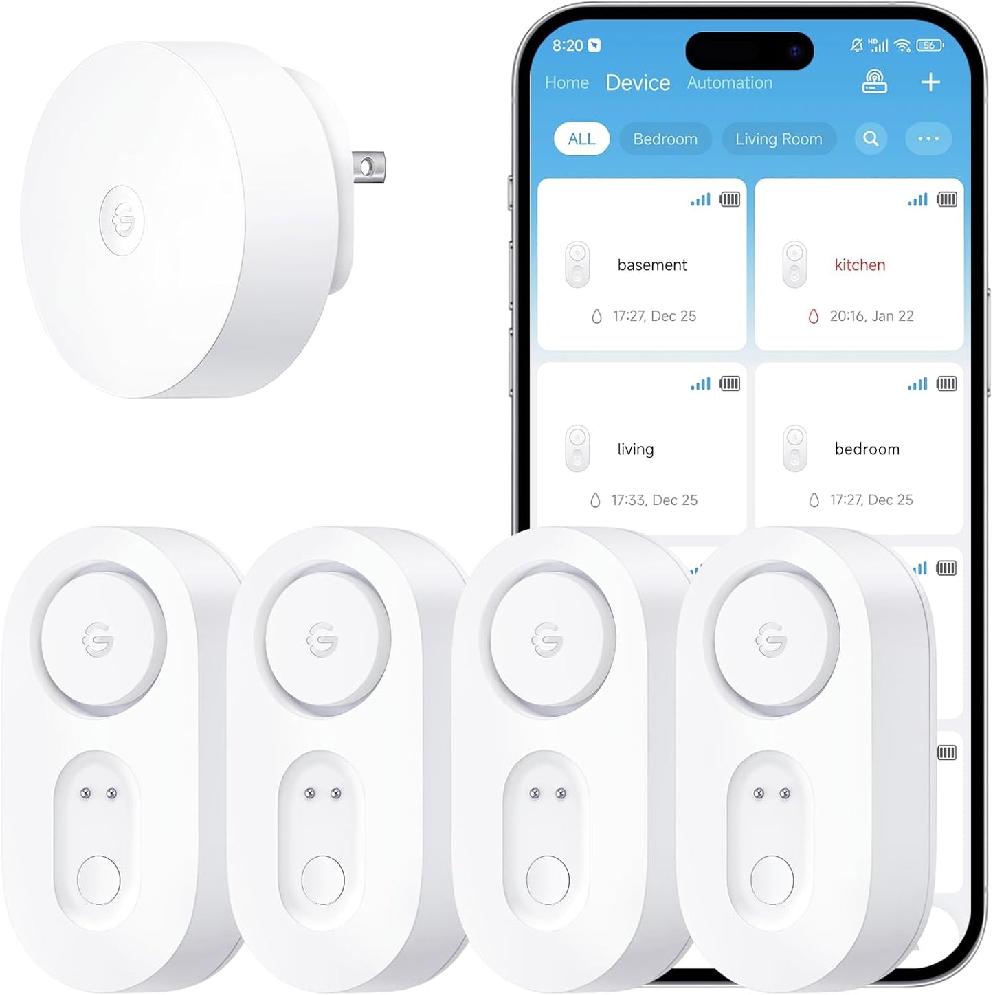 GoveeLife Upgraded Smart Water Leak Detector 1s with High Alarm, 4 Pack | 1804ft Ultra-Long Range, WiFi Water Sensor with SMS/Email/APP Push, 5Yr Battery Life,IP67, Suit for Home, Basement, Kitchen