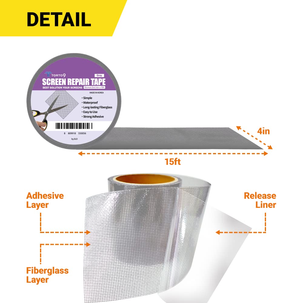 TORTO9 Window Screen Repair Kit, 3-Layer Strong Adhesive & Waterproof Tape Fiberglass Covering mesh (Gray, 2 Inch x 6.5 FT)