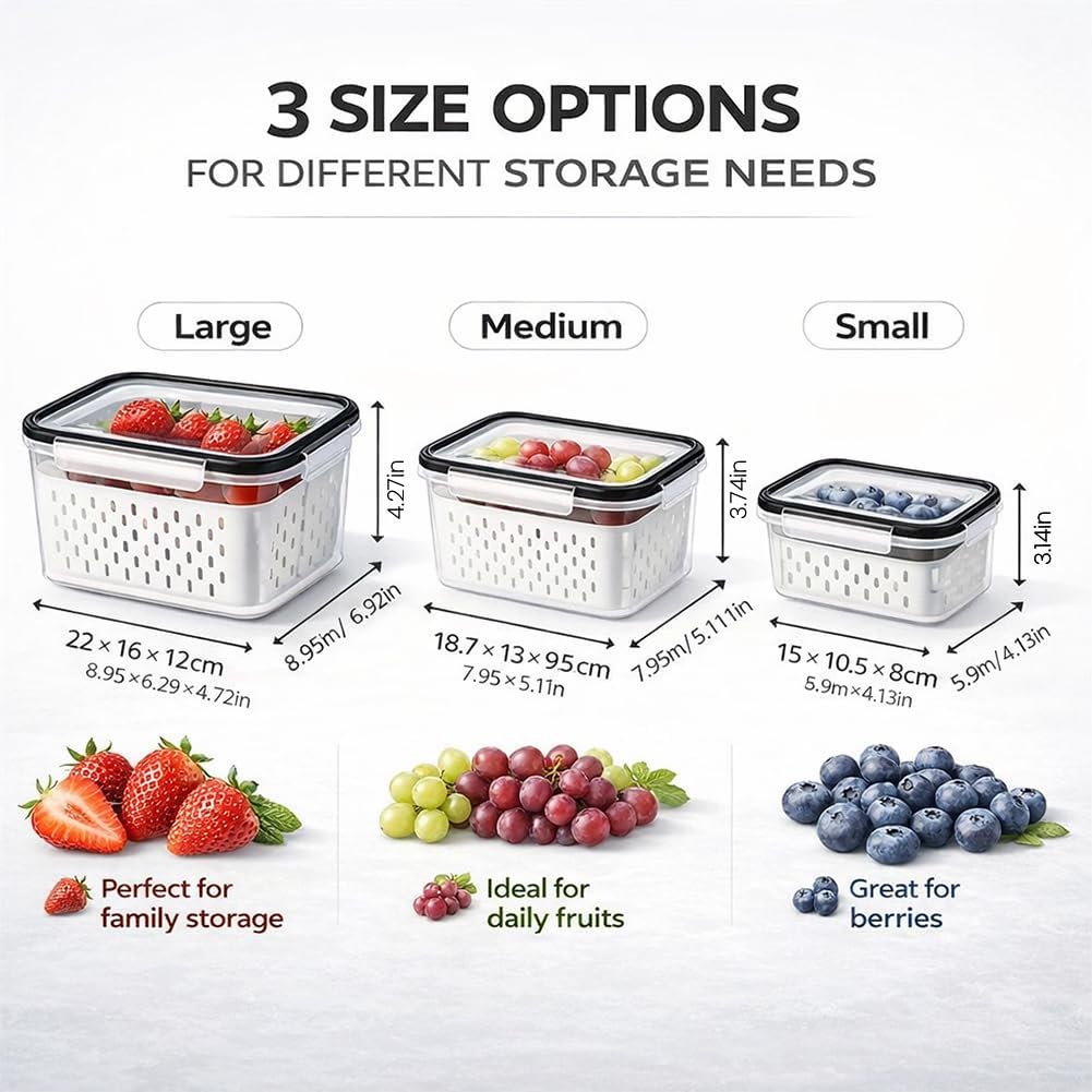 2026 Upgraded 4 in 1 Food Storage Container, Fruit Storage Containers for Fridge with Removable Colanders, Household Transparent Plastic Food Storage Box-Including Drain Basket (Blue,S+M)