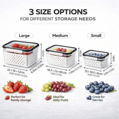 2026 Upgraded 4 in 1 Food Storage Container, Fruit Storage Containers for Fridge with Removable Colanders, Household Transparent Plastic Food Storage Box-Including Drain Basket (Blue,S+M)