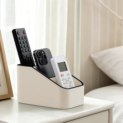 Remote Control Holder, Small Desk Organizer TV Remote Caddy, Black | PU Leather 3 Compartments Remote Holder, Remote Organizer Nightstand Organizer for Couch Bedside Living Room Office