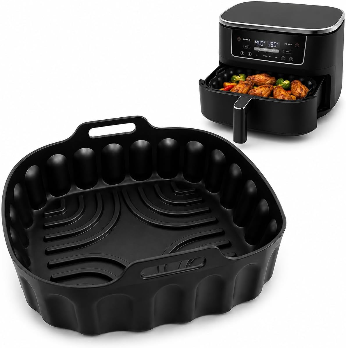 Silicone Air Fryer Liner for 5–6 Qt Air Fryers, Reusable Food-Grade Silicone Basket, Nonstick, Dishwasher Safe, Black