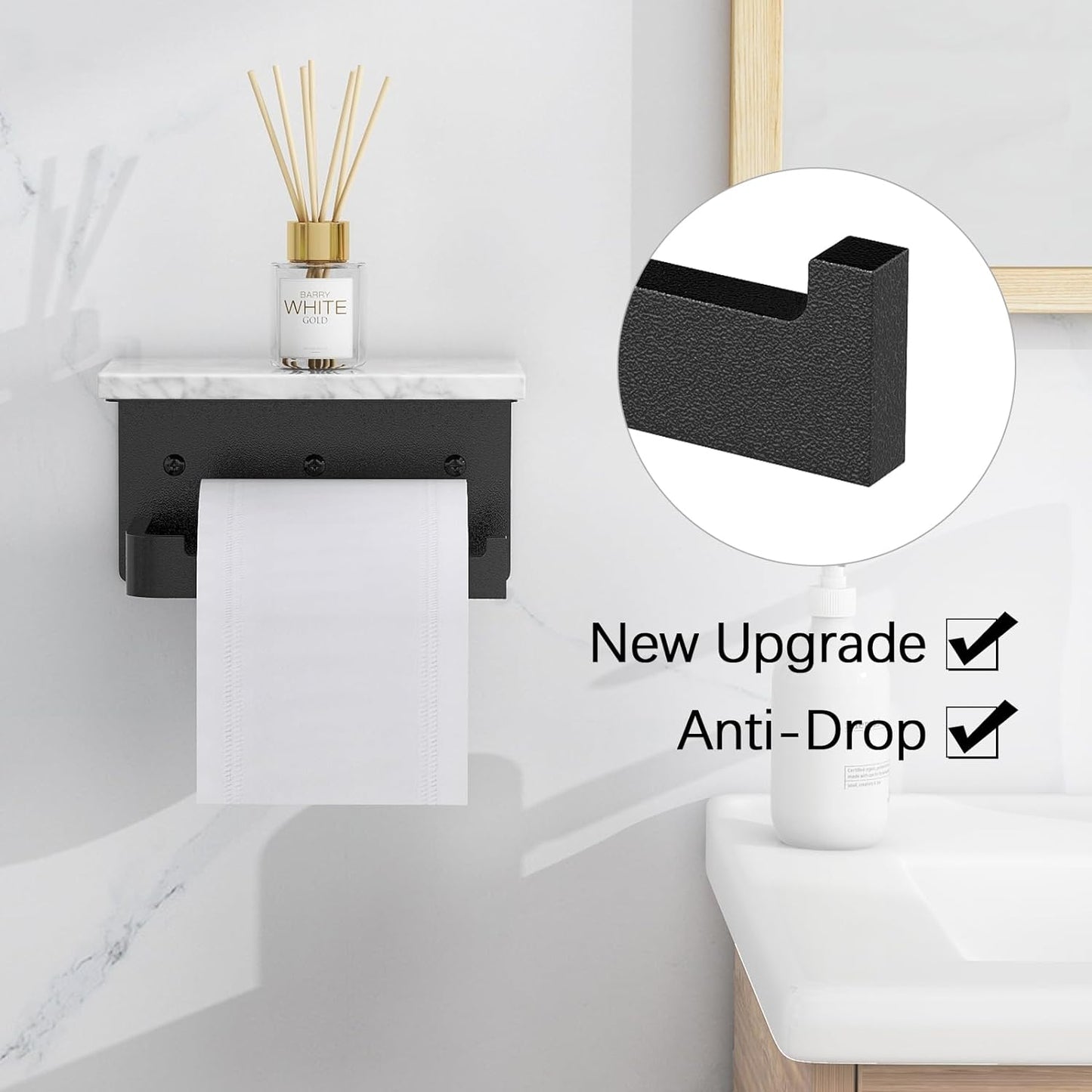 Gypie Toilet Paper Holder with Marble Shelf, Wall Mounted Matte Black | Toilet Roll Holder Black for Bathroom Washroom, Extended Base