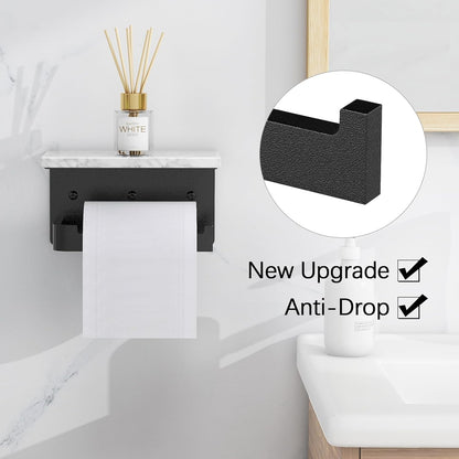 Gypie Toilet Paper Holder with Marble Shelf, Wall Mounted Matte Black | Toilet Roll Holder Black for Bathroom Washroom, Extended Base