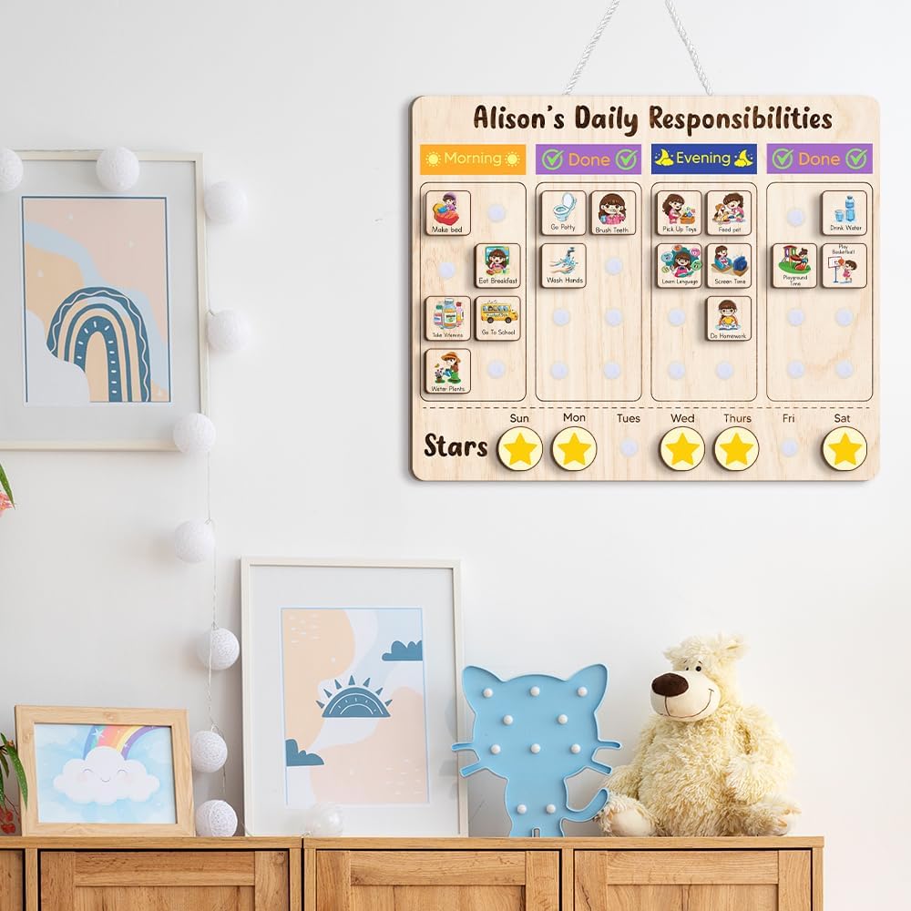 Daily Routine Chart for Kids, Visual Schedule, Routine Chart for Toddlers 3-5, Morning Bedtime Routine Chart for Toddlers, Wooden Chore Chart for Kids