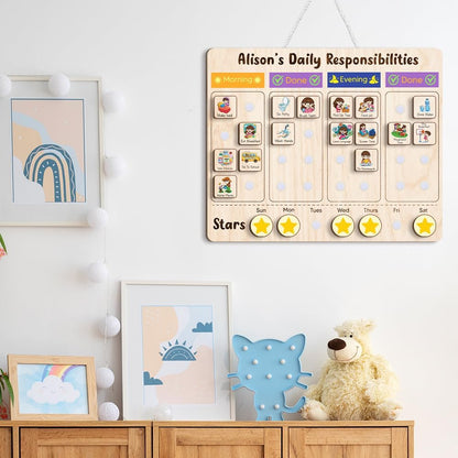 Daily Routine Chart for Kids, Visual Schedule, Routine Chart for Toddlers 3-5, Morning Bedtime Routine Chart for Toddlers, Wooden Chore Chart for Kids