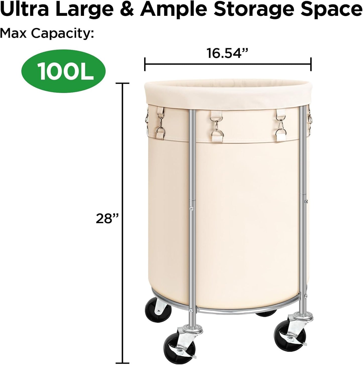 100L Round Rolling Laundry Hamper Basket with Wheels, Grey | Laundry Sorter Cart with Removable Bag, Clothes Organizer, Metal Frame, Bedroom, Bathroom, Laundry Room, Dorm Use