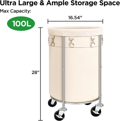 100L Round Rolling Laundry Hamper Basket with Wheels, Grey | Laundry Sorter Cart with Removable Bag, Clothes Organizer, Metal Frame, Bedroom, Bathroom, Laundry Room, Dorm Use