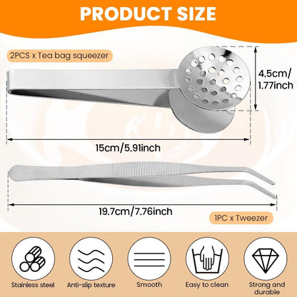 2 Pcs Stainless Steel Tea Bag Tongs and Squeezer, 6 Inch Anti-Slip Tea Bag Strainer Clips for Tea Bags, Herbs, Sugar Cubes and Ice Cubes, Kitchen and Bar Accessories