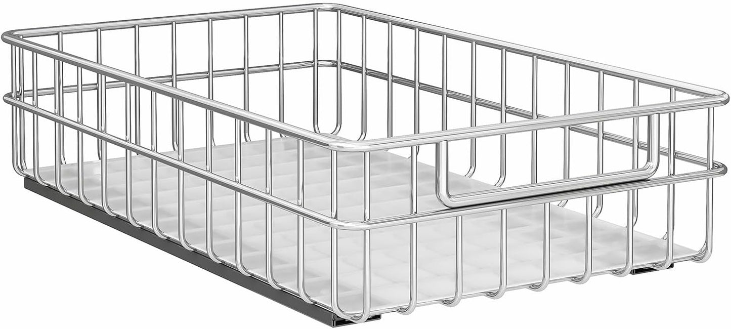 Pull out Cabinet Organizer, Stainless Steel 2-Pack Slide out Drawer with Silent Full-Extension Slides, Adhesive Roll out Can Spice Storage Basket Shelf Rack for Pantry, Kitchen, Bathroom, Home Closet