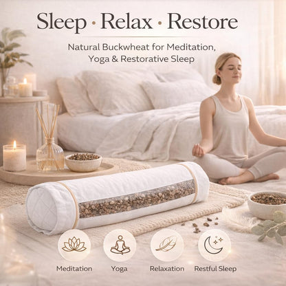 Buckwheat Pillow for Neck Pain, Organic Buckwheat Hull Neck Roll, Adjustable Cervical Support Bolster for Sleeping, 100% Cotton Cover, Breathable & Cooling (Standard Size, White)