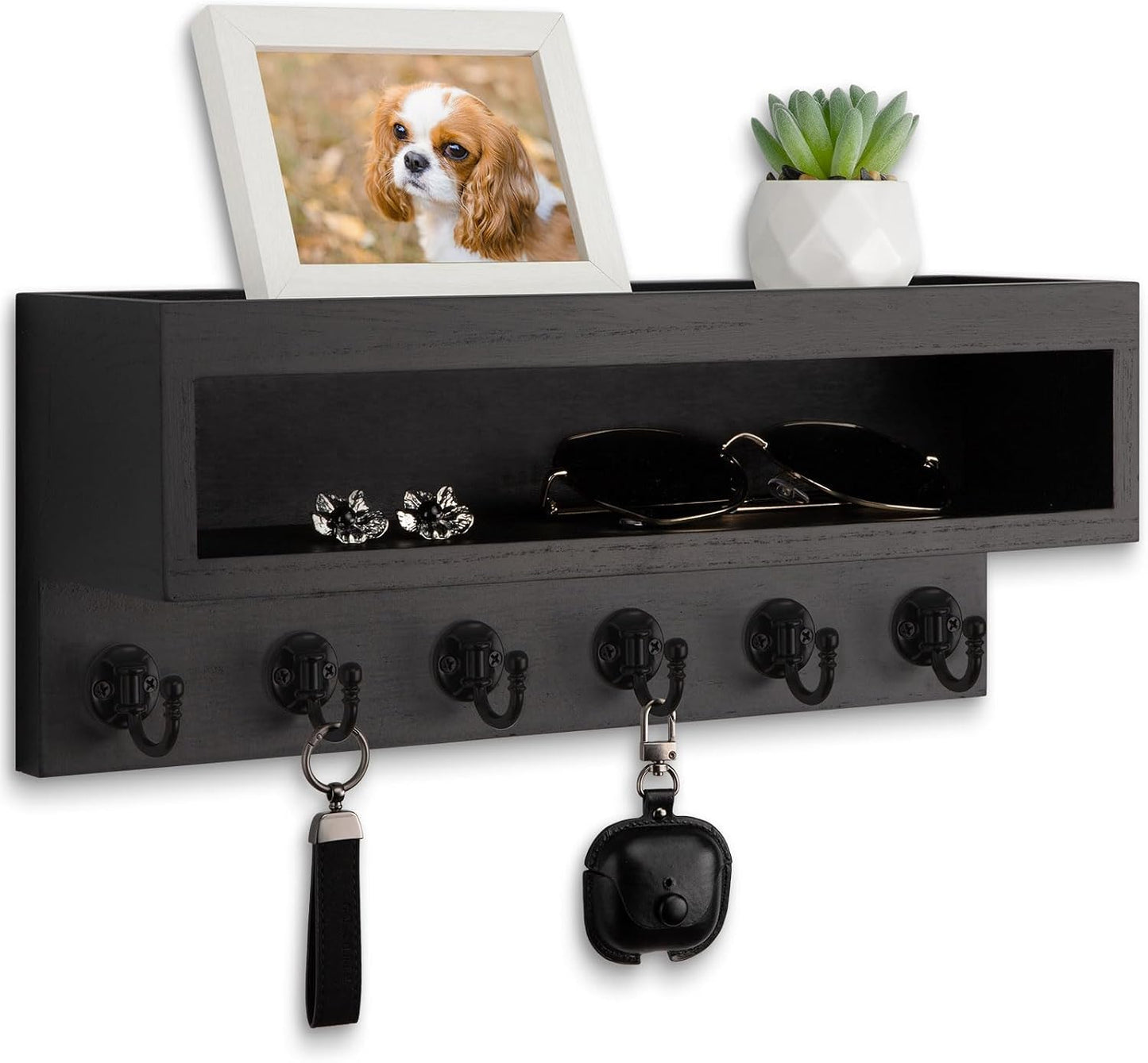 Key and Mail Holder Wall Mount with Long Storage Box and 6 Hooks | Key Holder For Coat, Dog Leash, Home Decor Rack, Entry Way Organizer