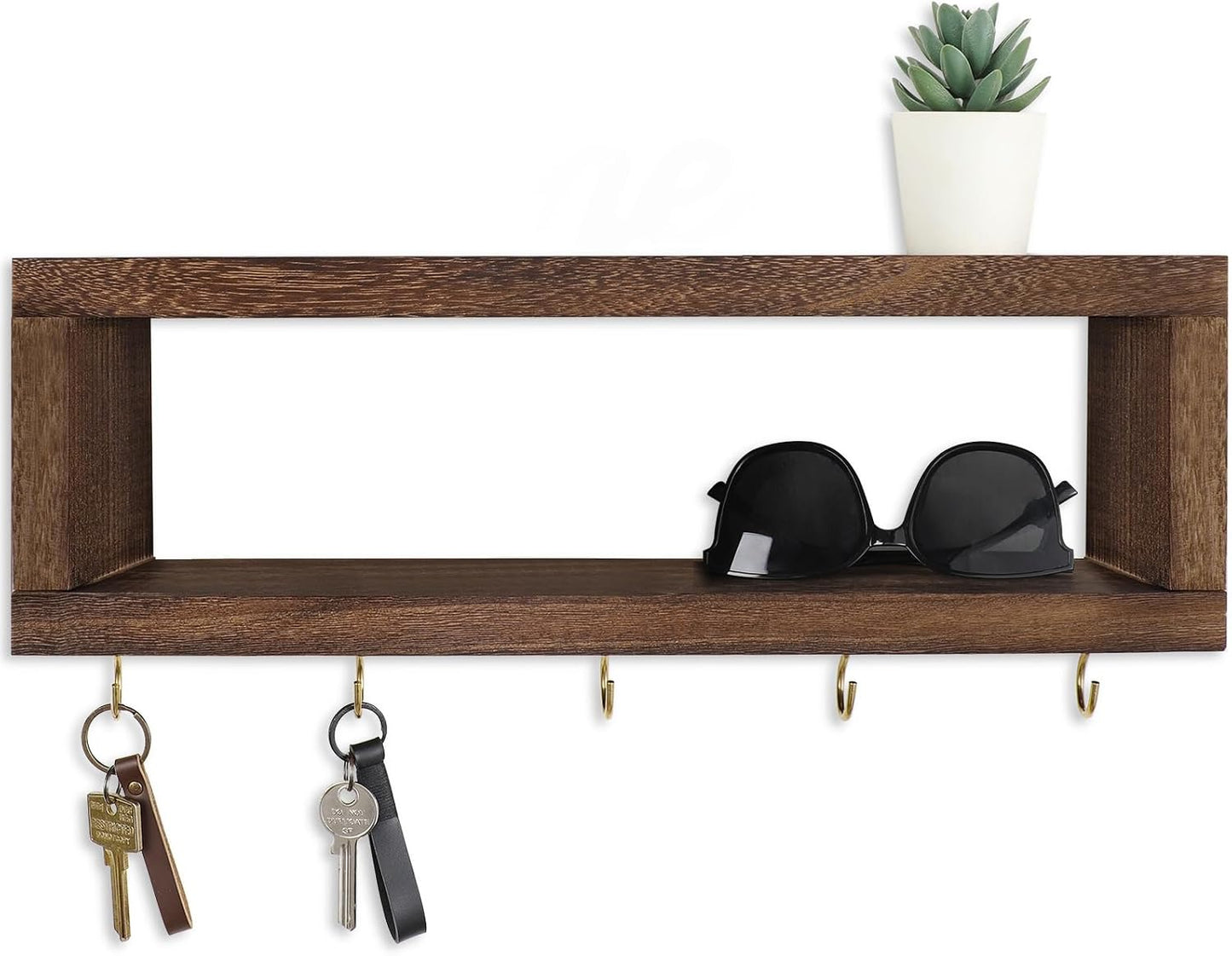 Lwenki Wall Shelf with Hooks - Decorative Key and Wallet Holder for Wall Holds Sunglasses, Leashes, Scarves and Lanyards - 15.7" x 5.1" x 2.9" Entryway Organizer Made of Paulownia Wood (White)