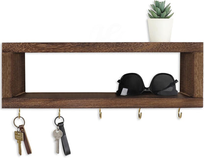 Lwenki Wall Shelf with Hooks - Decorative Key and Wallet Holder for Wall Holds Sunglasses, Leashes, Scarves and Lanyards - 15.7" x 5.1" x 2.9" Entryway Organizer Made of Paulownia Wood (White)