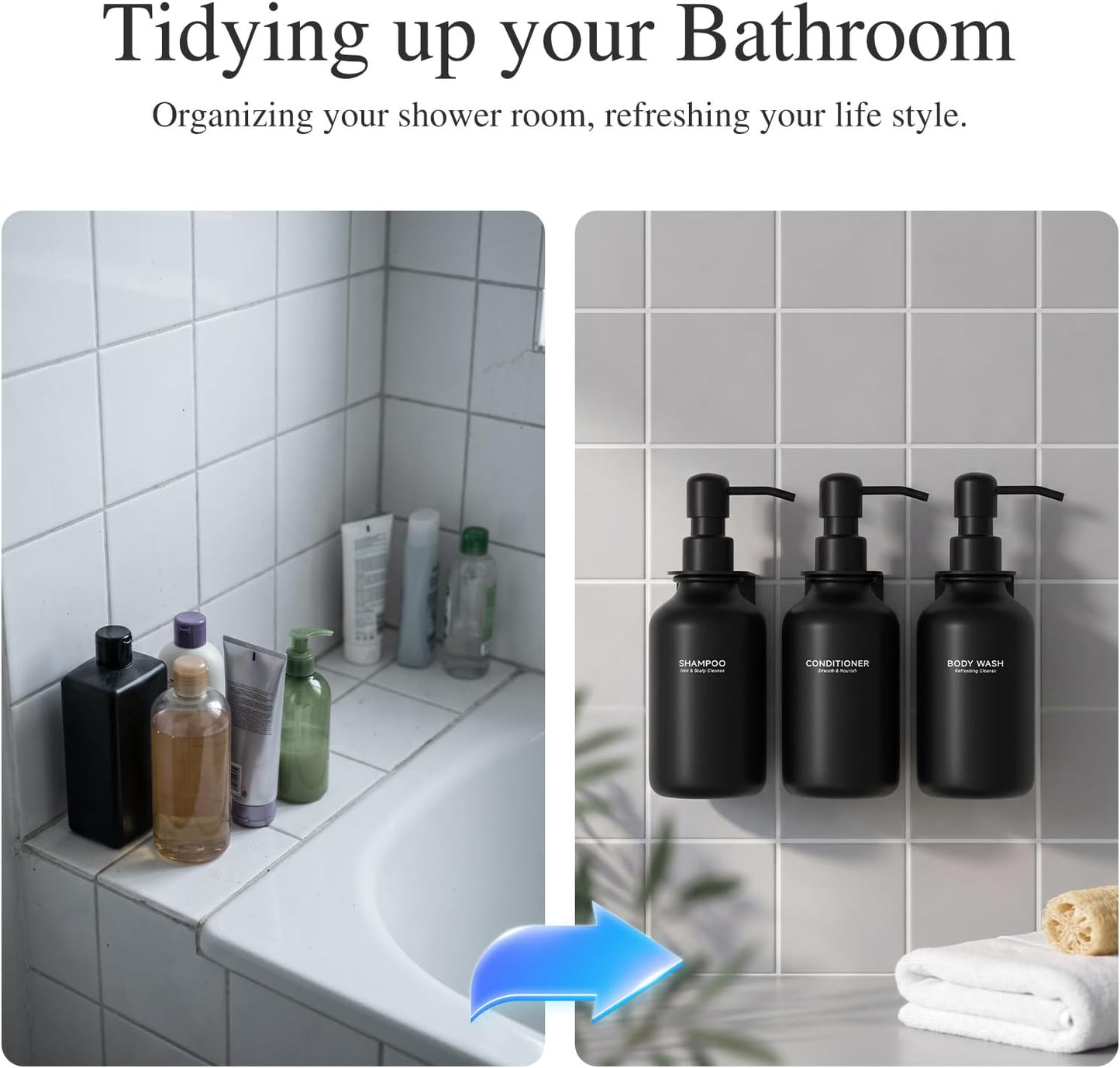 Shampoo and Conditioner Dispenser Wall Mounted Set of 3 - Shampoo Conditioner Body Wash Dispenser No Drill - White Shower Bottles Refillable with Labels and Stainless Steel Pumps 500ML/16.9oz