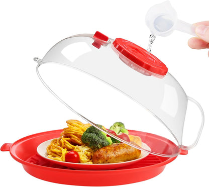 Microwave Splatter Cover Lid for Food 10.2 Inch with Water Steamer, Clear Microwave Splash Guard Cooker Lid with Plate, Dish Bowl Plate Serving Cover Cookware High Transparent Plastic Black