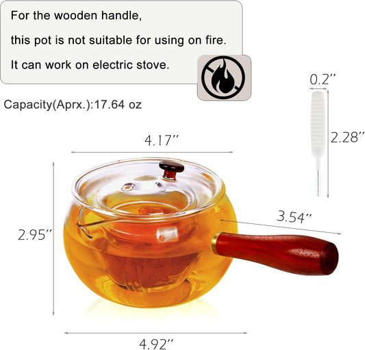 WHJY Glass Teapot with Infuser for Loose Tea, Small Clear Magic Tea Kettle for Stove Top, Clear Japanese Tea Kettle with Wooden Handle Kyusu Teapot - 17oz