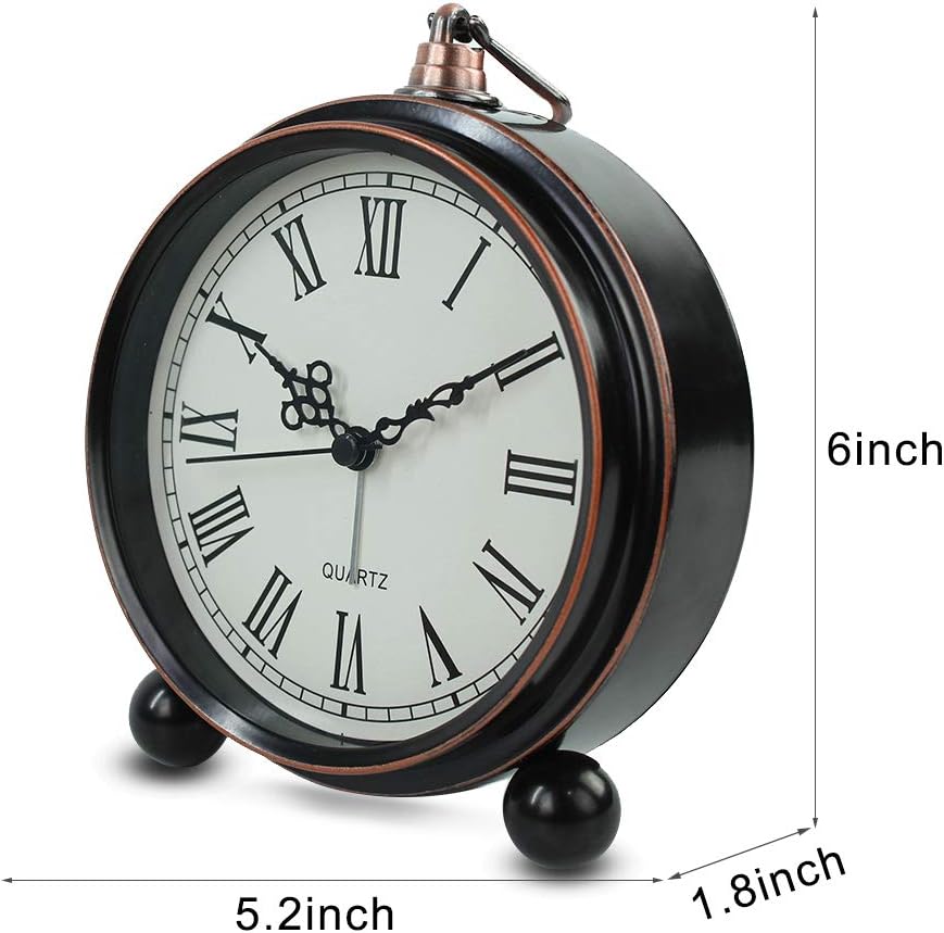 Retro Metal Table Clock Battery Operated Non-Ticking Silent Quartz Table Small Alarm Clock Desk Shelf HD Glass Clock for Kids Room (Arabic-550-12)