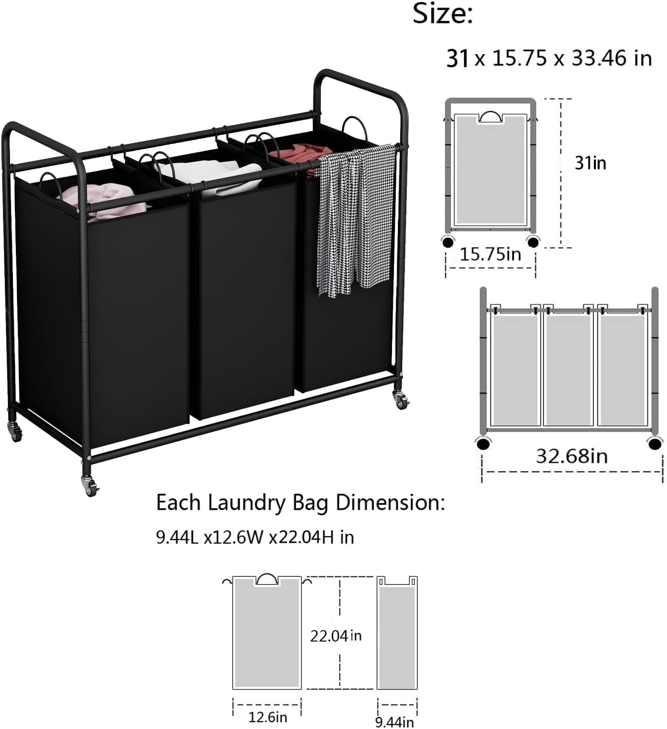 LINZINAR 3 Section Laundry Hamper, Black Laundry Basket 135L Laundry Sorter | Laundry Room Organization with Heavy Duty Rolling Lockable Wheels and Removable Bag, Bedroom Laundry Cart for Clothes Storage