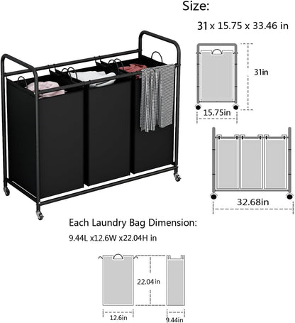LINZINAR 3 Section Laundry Hamper, Black Laundry Basket 135L Laundry Sorter | Laundry Room Organization with Heavy Duty Rolling Lockable Wheels and Removable Bag, Bedroom Laundry Cart for Clothes Storage