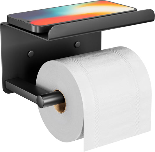 Adhesive Toilet Paper Holder with Shelf, Stainless Steel, Silver | Two Installation Ways:Self Adhesive or Wall Mount, Stick On Toilet Paper Holder, Peel and Stick, Bath Tissue Holder, Bathroom