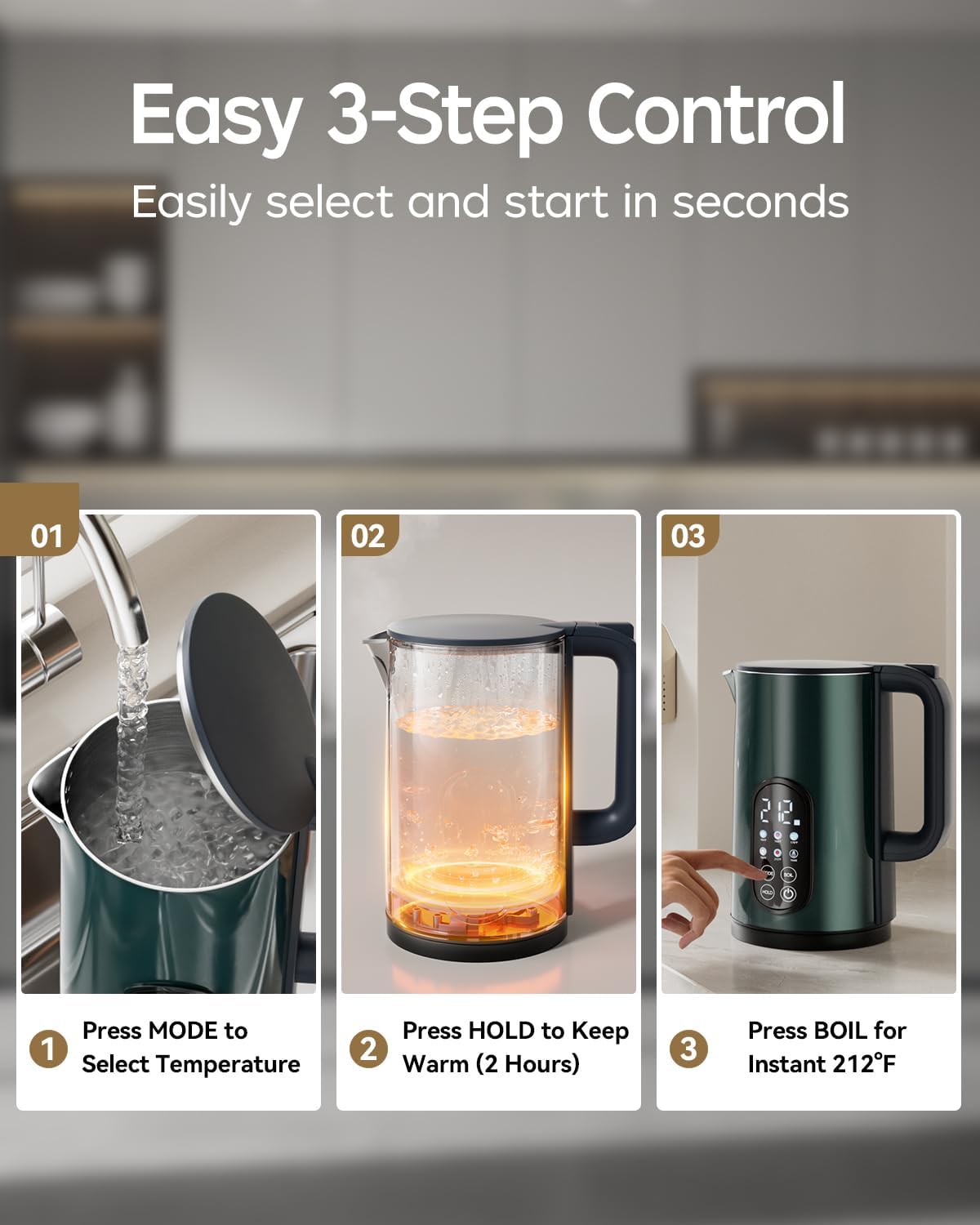 1.7L Stainless Steel Electric Kettle with Temperature Control–Black