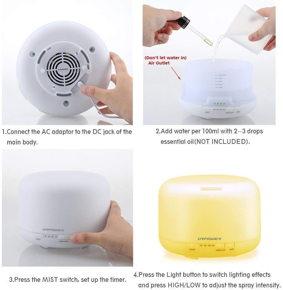 URPOWER 500ml Aromatherapy Essential Oil Diffuser Humidifier Room Decor Lighting with 4 Timer Settings, 7 LED Color Changing Lamp and Waterless Auto Shut-Off