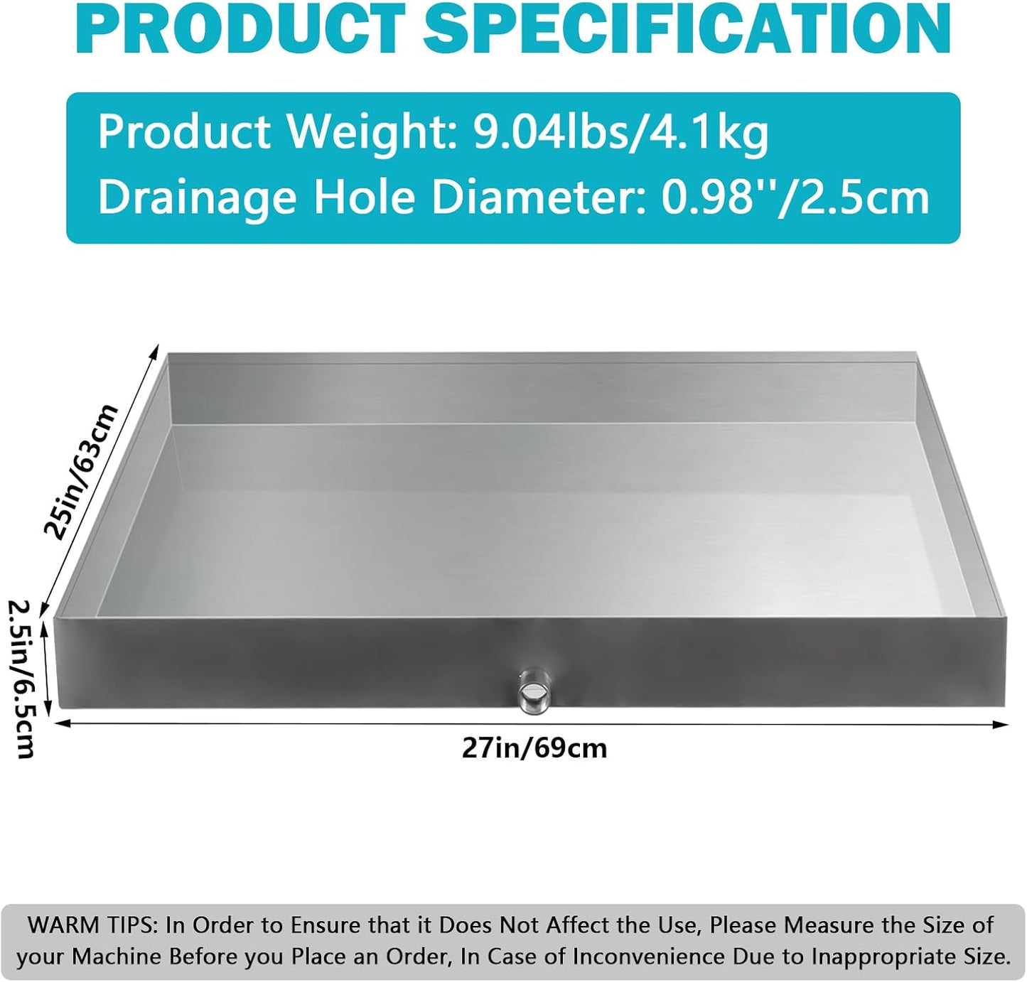 Washing Machine Drain Pan,27''x25''x2.5'' Heavy Duty 304 Stainless Steel Washing Machine Pan,Washer Tray for Floor Protection,Washer Drain Pan with Drain Hole & Hose