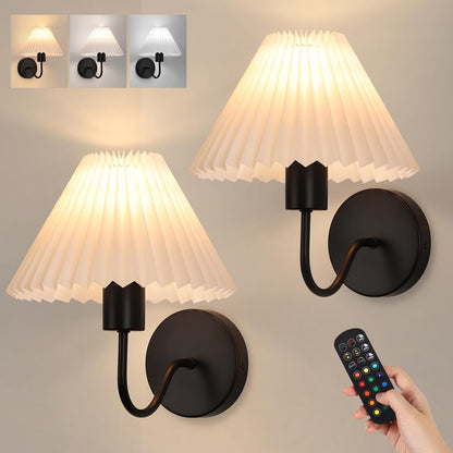 Rechargeable Battery Operated Wall Sconce Sets of 2, 15 Colors Wireless gooseneck Black Wall Lights Fixture with Dimmable Bulbs and Remote, Not Hardwired Wall Mounted Lamps for Bedroom Living Room
