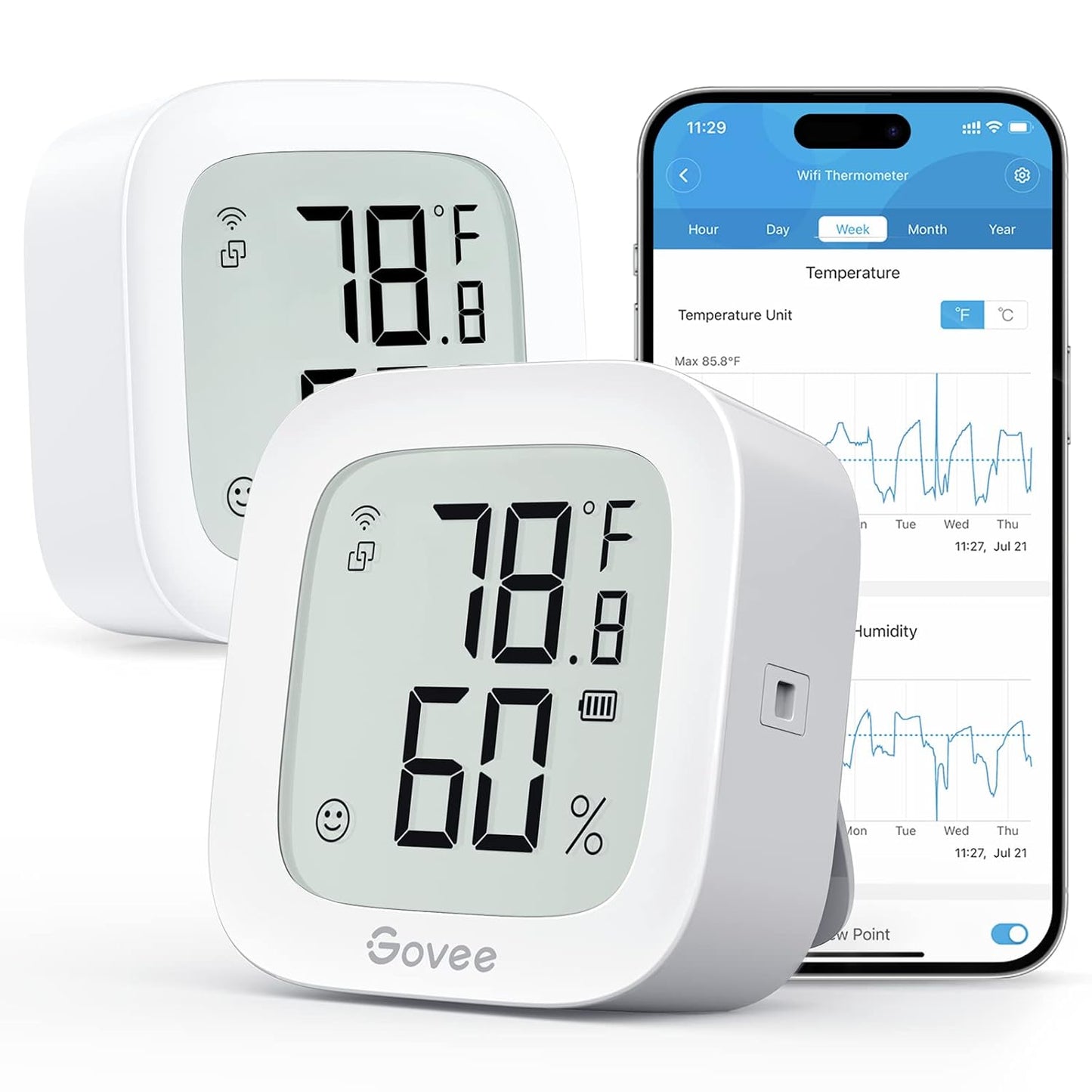 Govee WiFi Thermometer Hygrometer H5103 with Electronic Ink Display | Temp and humidity monitor with alert, 2.4G WiFi & Bluetooth, 2-yr data export. For bedroom, wine cellar, basement