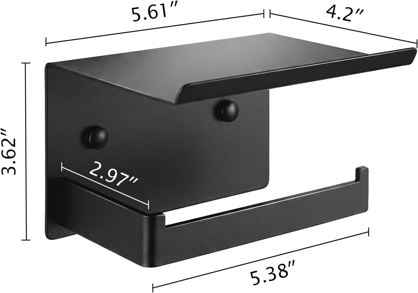 Matte Black Toilet Paper Holder with Shelf | No-Drill Adhesive Wall Mount, Rustproof，For Bathroom, Washroom, RV, Kitchen, Washroom, Convenient Storage Shelf