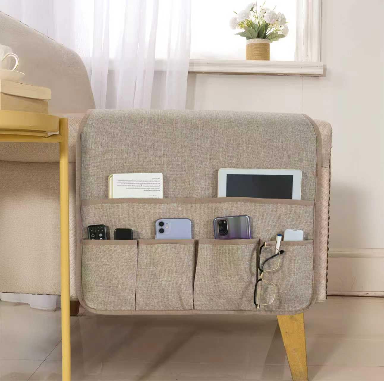 Armchair Caddy for Couch Remote Control Holder with 4 Pockets, Grey 1 Pack | Non-slip, Waterproof, Sofa Armset Organizer, Couch Chair Armrest Storage for TV Remote Control Phone Book Magazine 35"x13"